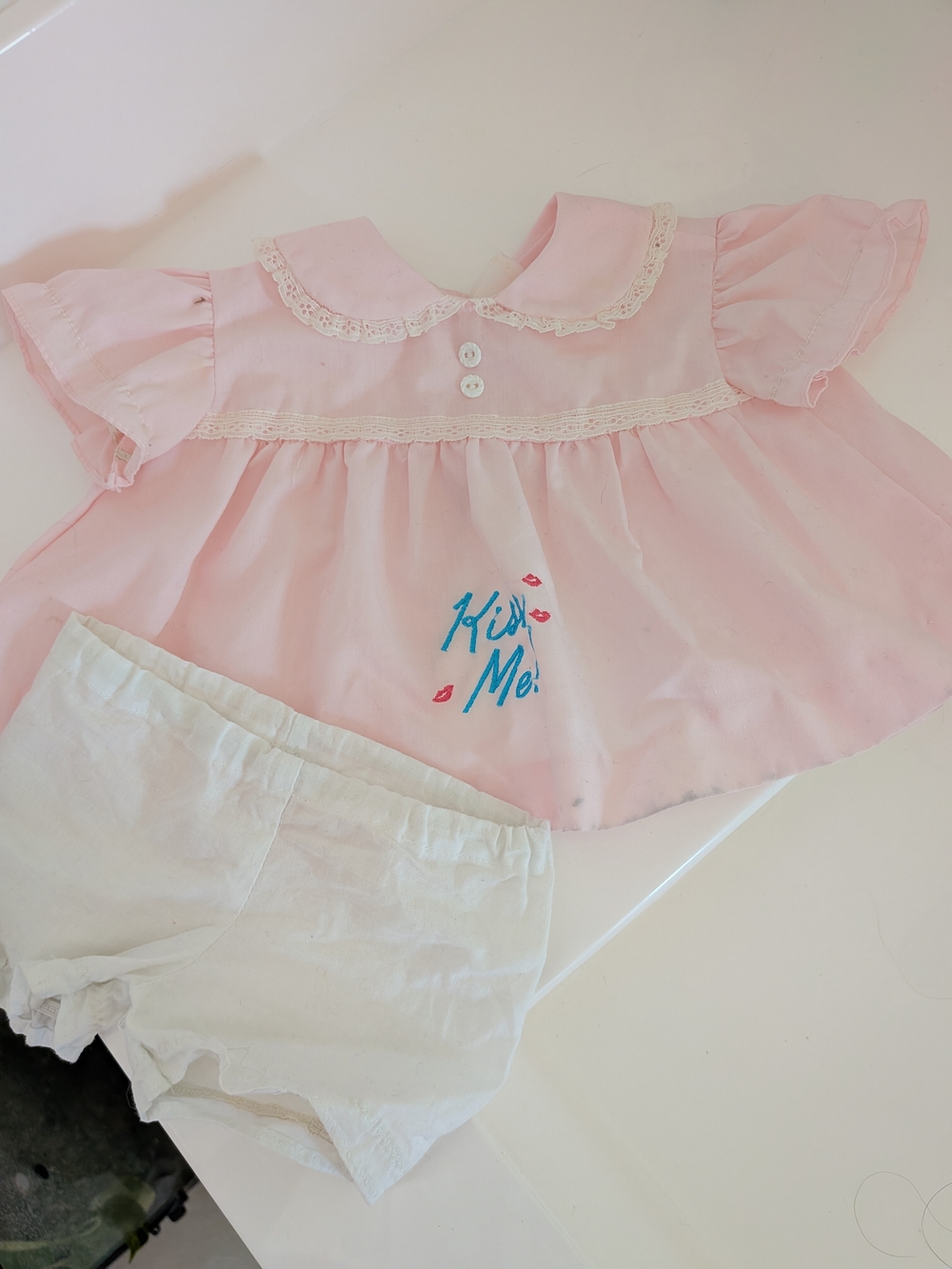Vintage Style Baby Outfit Pink “Kiss Me” Top w/ Bloomers Cottagecore Set
